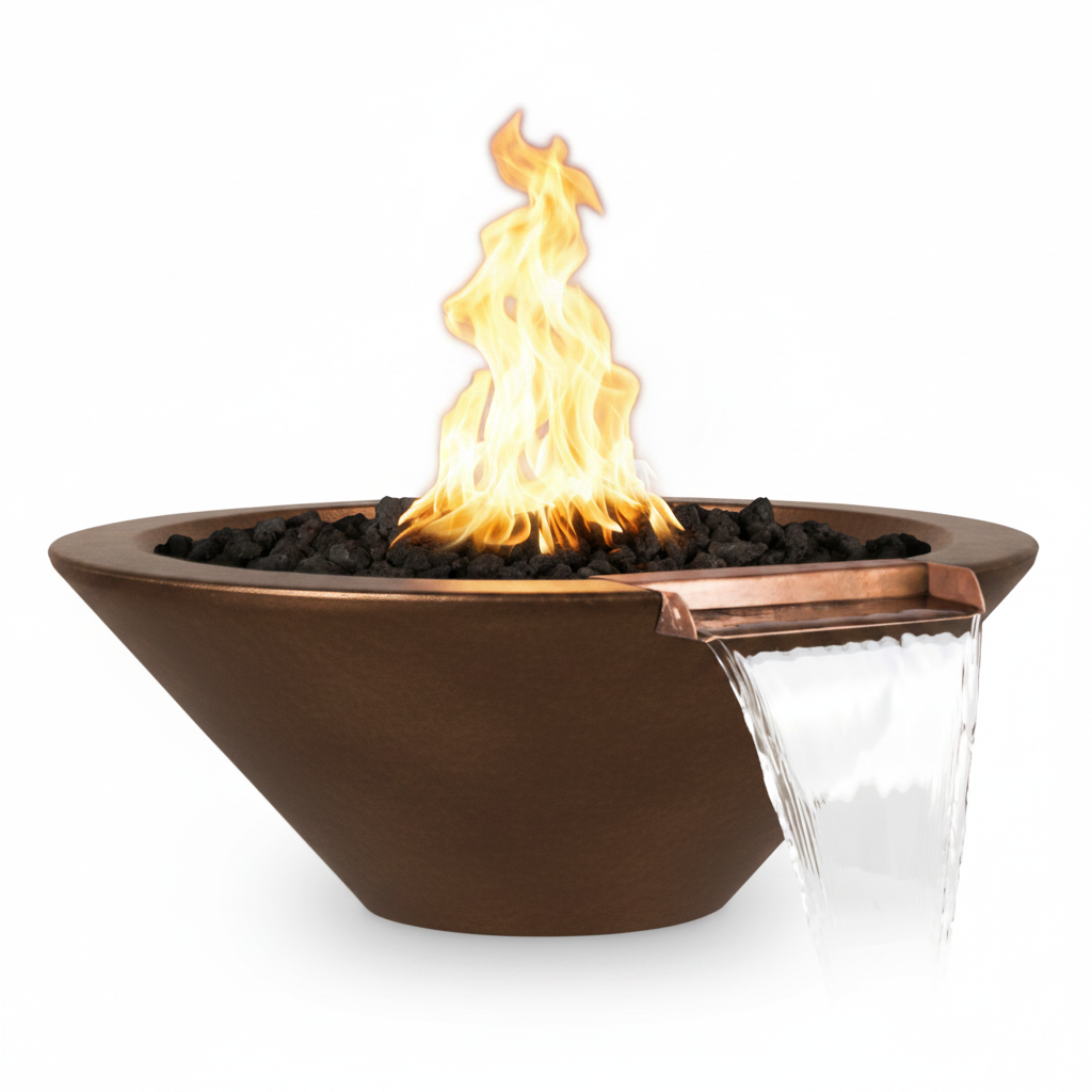 A copper fire pit bowl with a flowing water feature spout, filled with black lava rocks and a bright orange flame, shown against a solid white background.