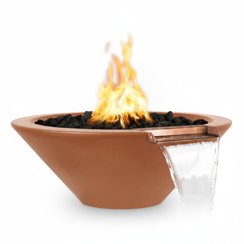 A terracotta outdoor fire pit bowl with a copper spout pouring water into a clear glass reservoir, set against a white background with a burning flame and black stones inside.