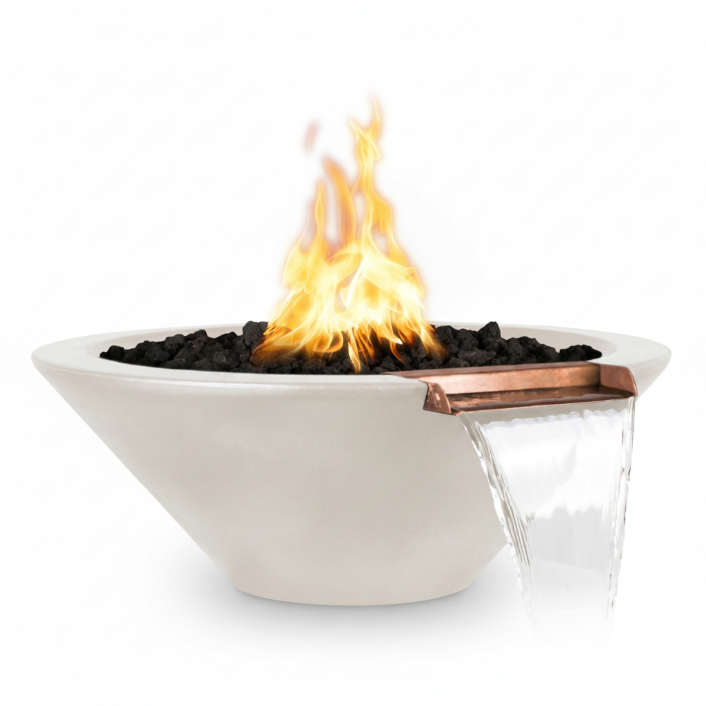 A modern outdoor fire pit bowl with a white ceramic body, a copper-colored metal spout, black stones, and active orange flames, featuring a waterfall effect on a white background.