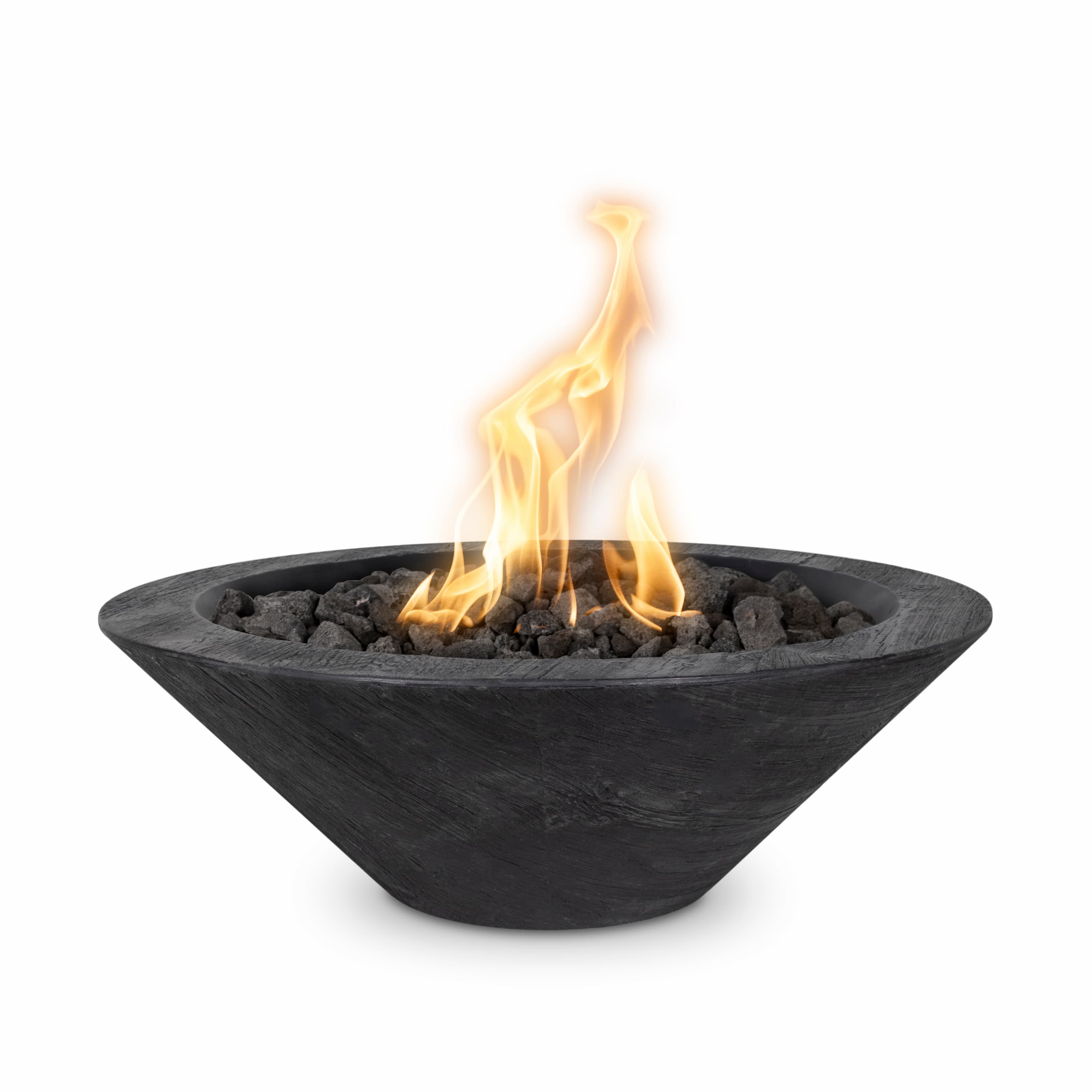 The Outdoor Plus Cazo Fire Bowl in Ebony Wood Grain GFRC Concrete with open flame, white background