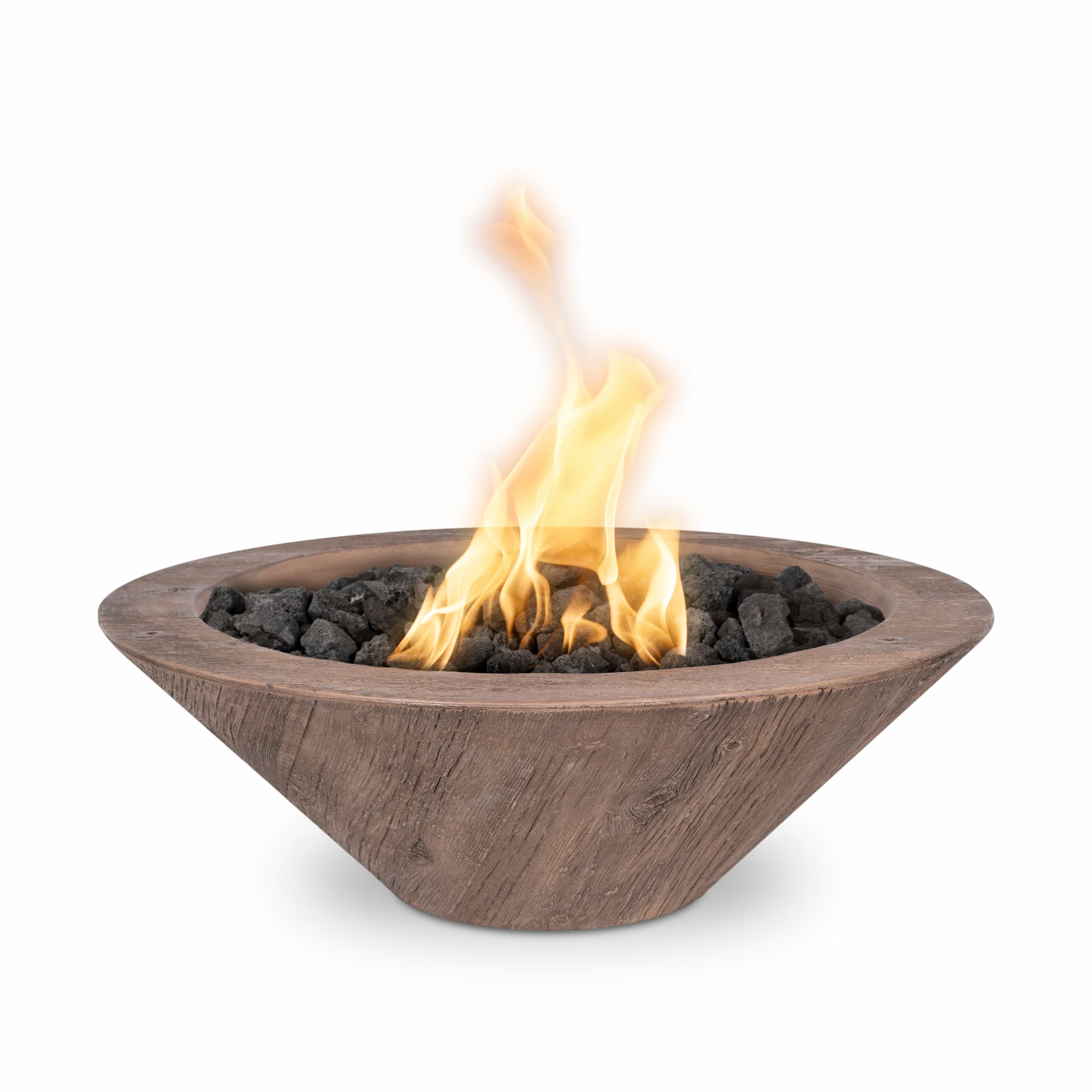 The Outdoor Plus Cazo Fire Bowl in Oak Wood Grain GFRC Concrete with open flame, white background