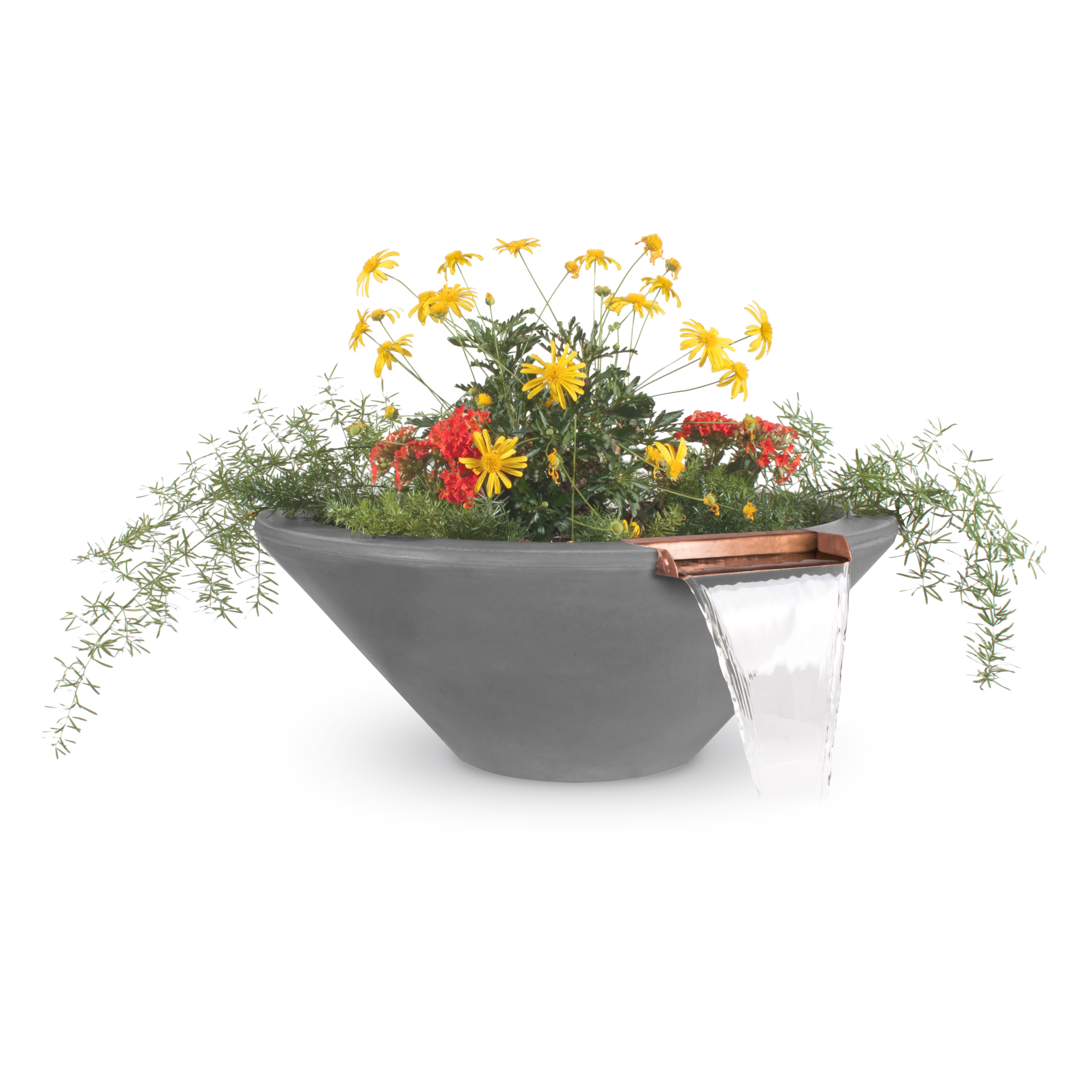 Gray planter with flowers on a white background