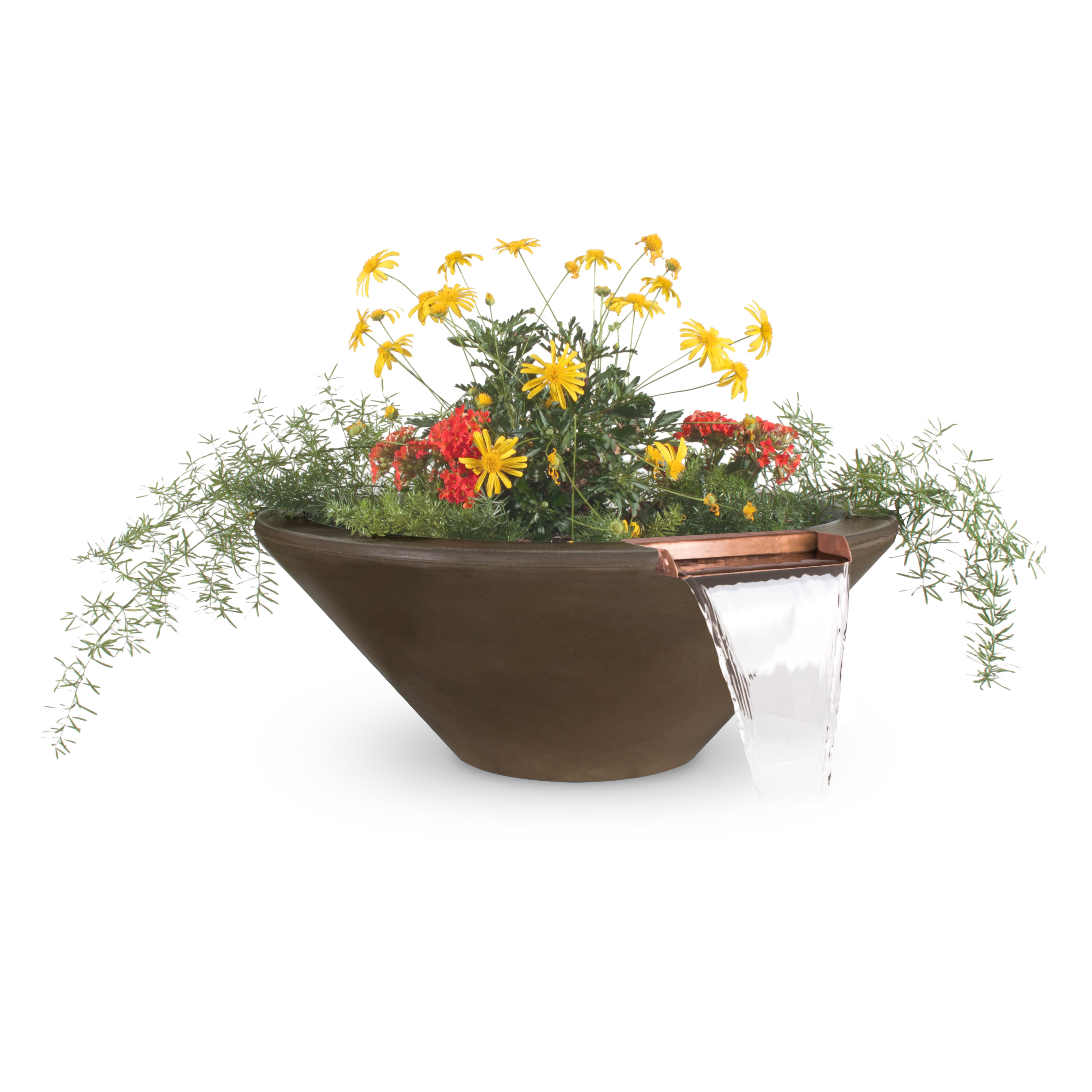 Brown planter with flowers on a white background