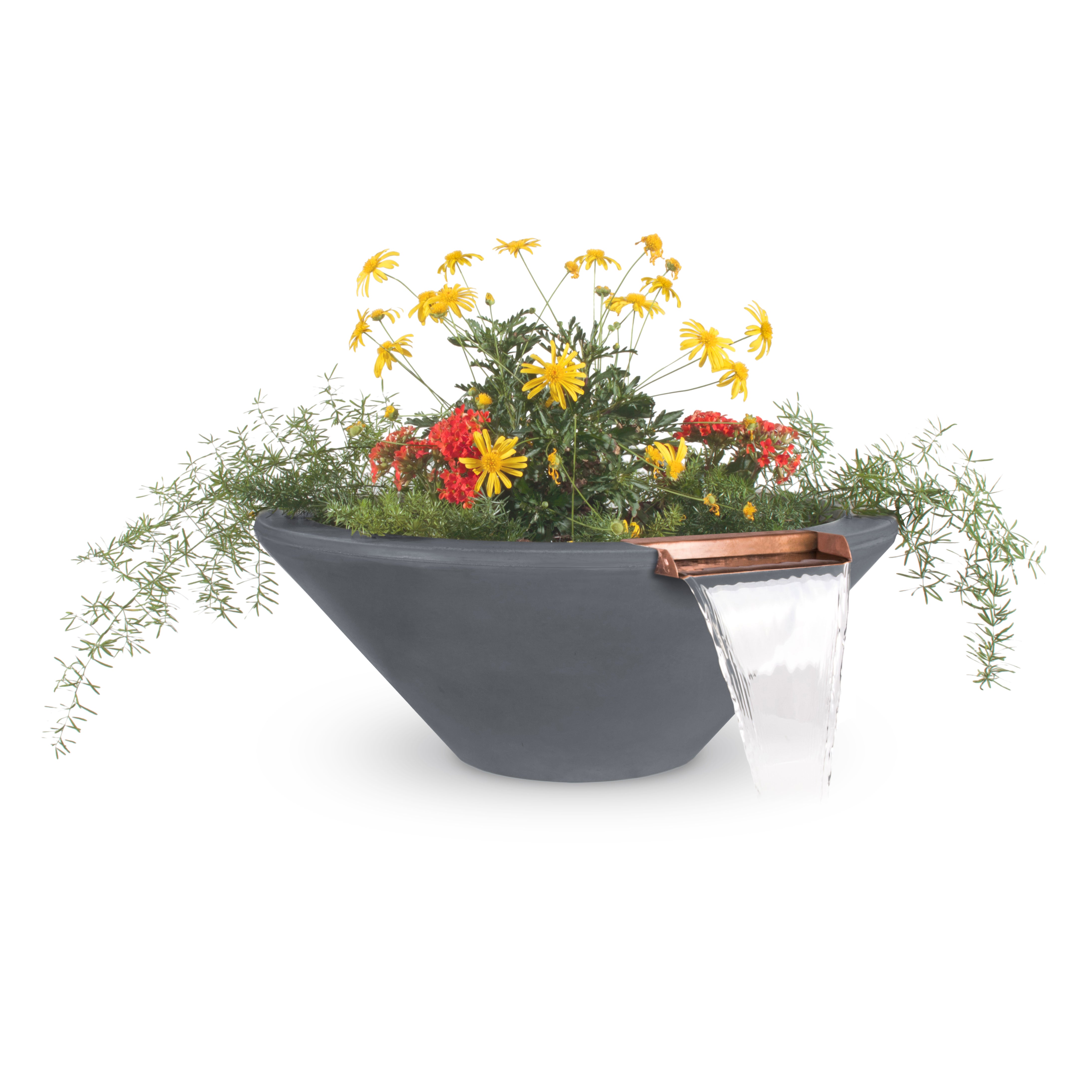 Gray planter with flowers on a white background