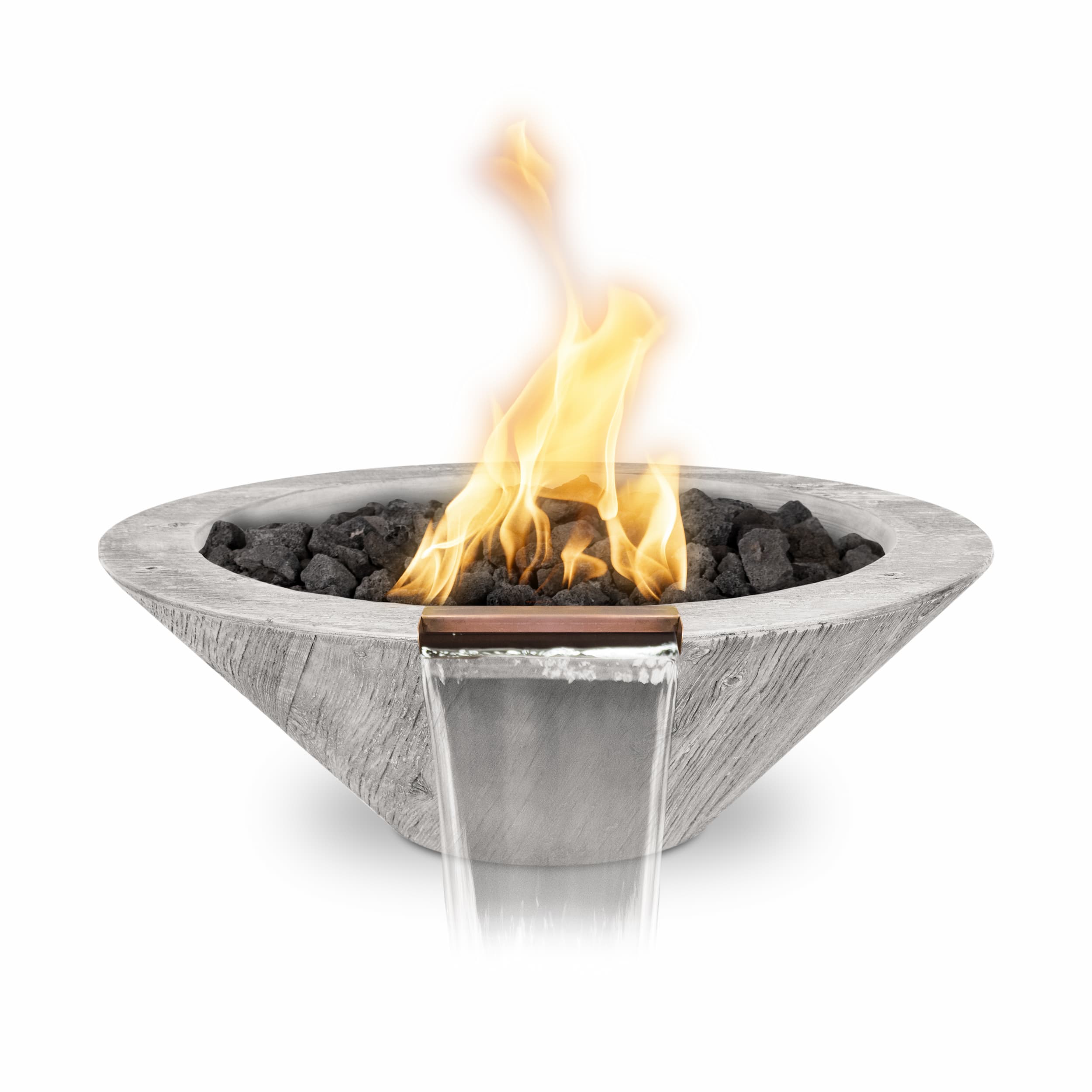 A modern concrete fire pit bowl with a waterfall feature, filled with black fire rocks and active orange and yellow flames, set against a solid white background.