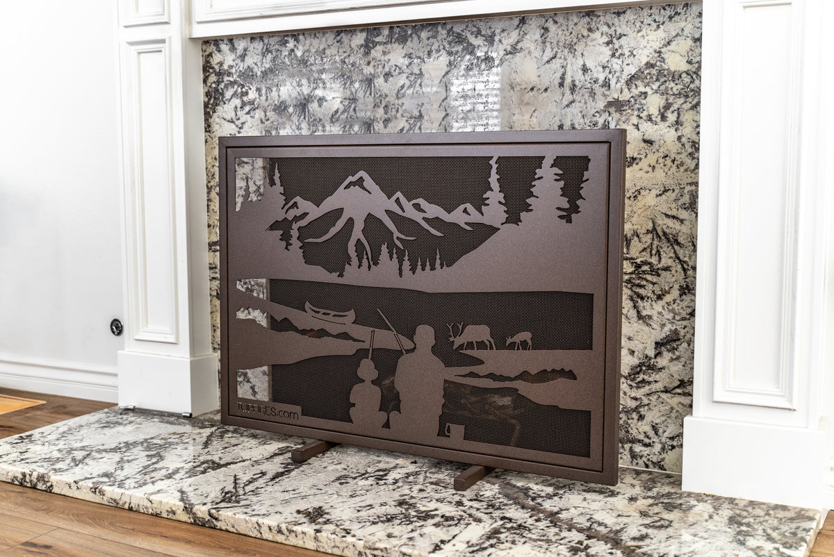 Gone Fishin’ 40″ × 30″ Powder-Coated Steel Fireplace Screen by The Outdoor Plus