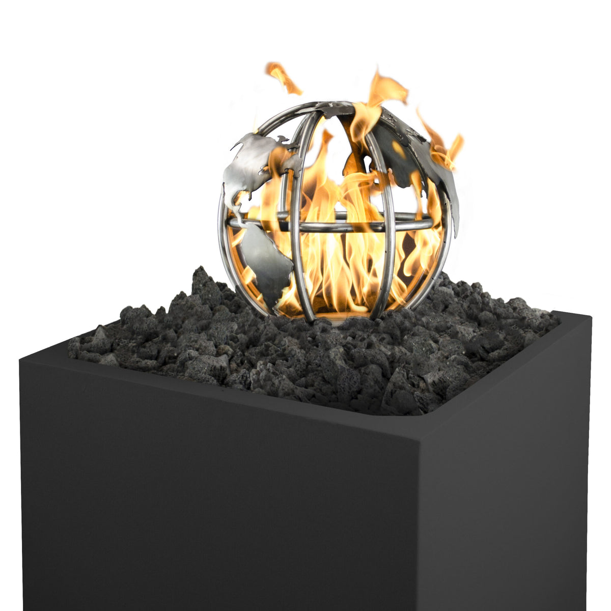 The Outdoor Plus Gas Fire Globe Burner shown burning above lava rock in a square enclosure