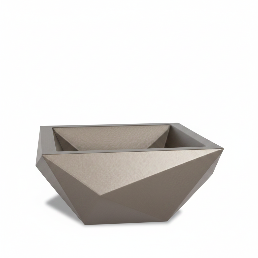 A modern geometric square planter with a faceted, diamond-like design in a warm taupe-brown color, shown on a clean white background.