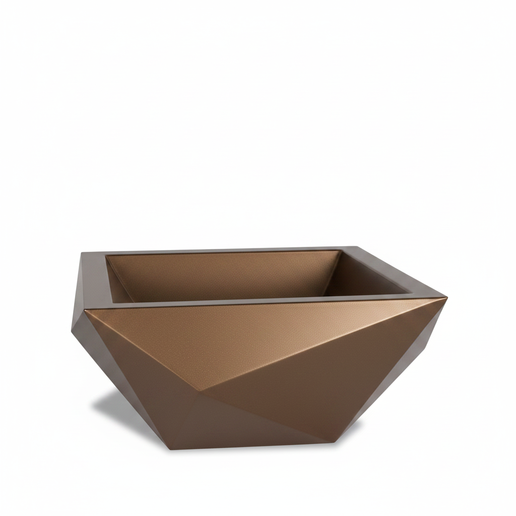 A modern geometric square planter with a faceted, diamond-like design in a metallic bronze finish, shown on a clean white background.