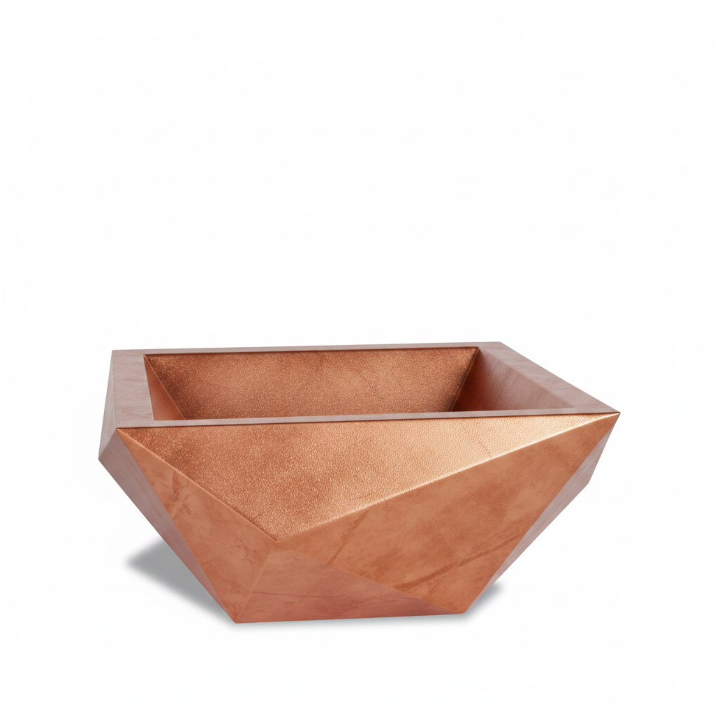 A modern geometric copper planter or decorative bowl with a faceted, angular design, shown on a clean white background.