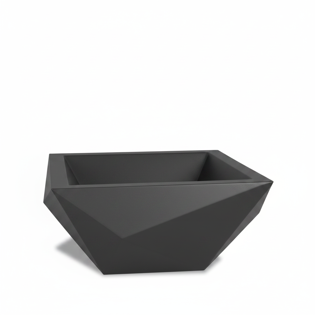 A modern geometric square planter with a faceted, diamond-like design in a dark brown finish, shown on a clean white background.