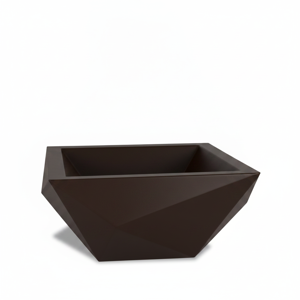 A modern geometric square planter with a faceted, diamond-like design in a dark brown finish, shown on a clean white background.