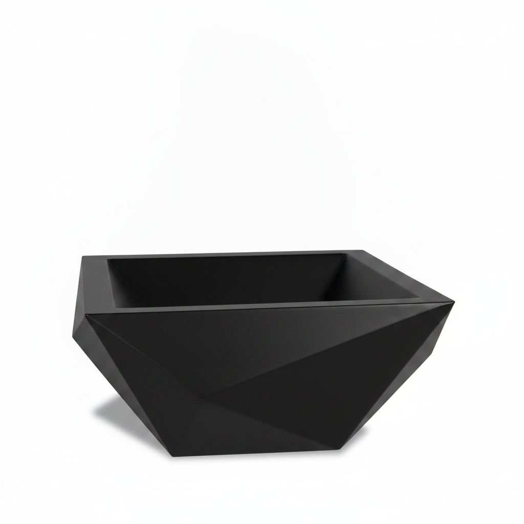 A modern geometric square planter with a faceted, diamond-like design in a dark brown finish, shown on a clean white background.