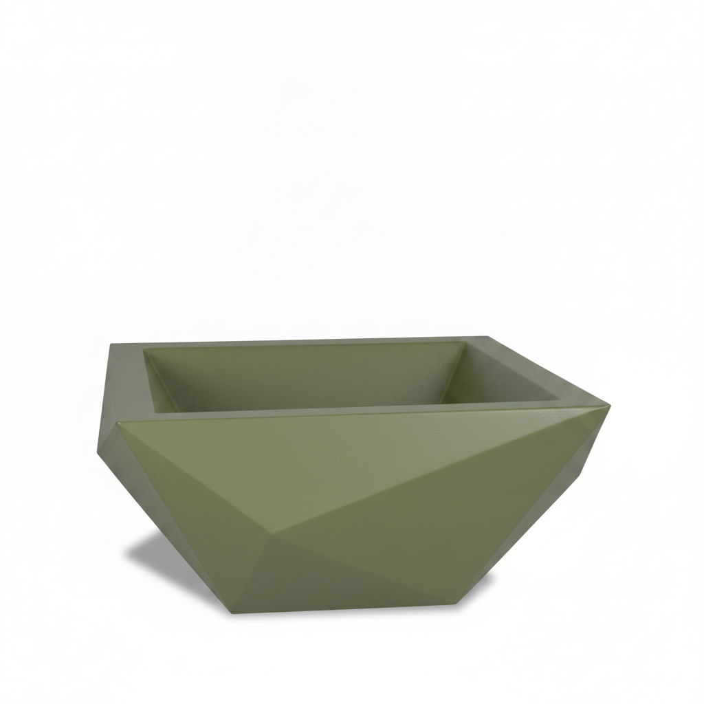 A modern geometric square planter in a matte olive green finish, shown on a clean white background with a soft shadow underneath.