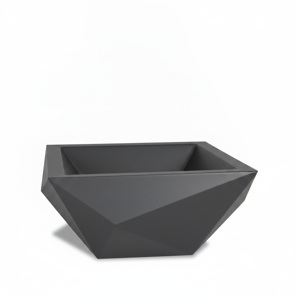 A modern geometric square planter with a faceted, diamond-like design in a dark brown finish, shown on a clean white background.