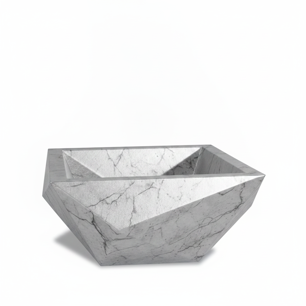 A modern geometric square stone basin with a white marble pattern and gray veining, shown on a clean white background.