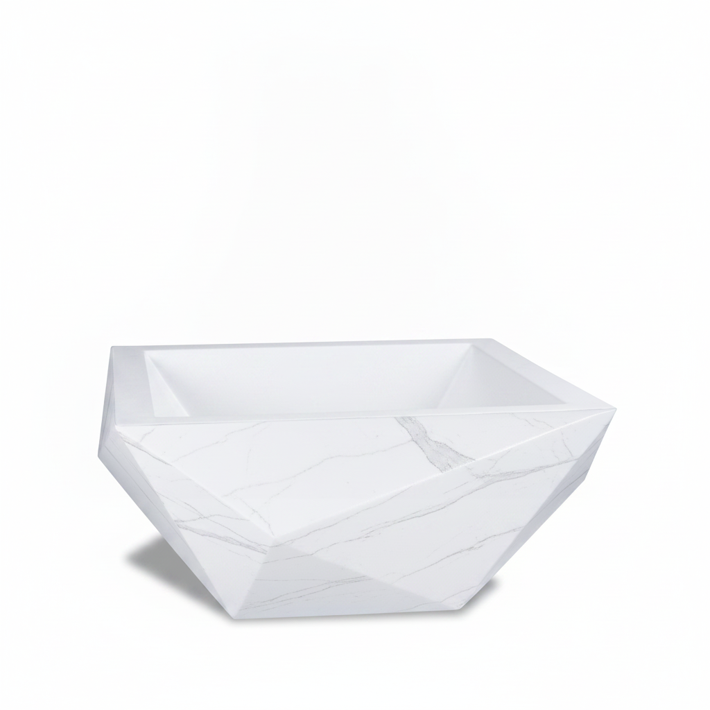 A modern, geometric white marble planter with a faceted, diamond-like design and subtle gray veining, shown on a clean white background.