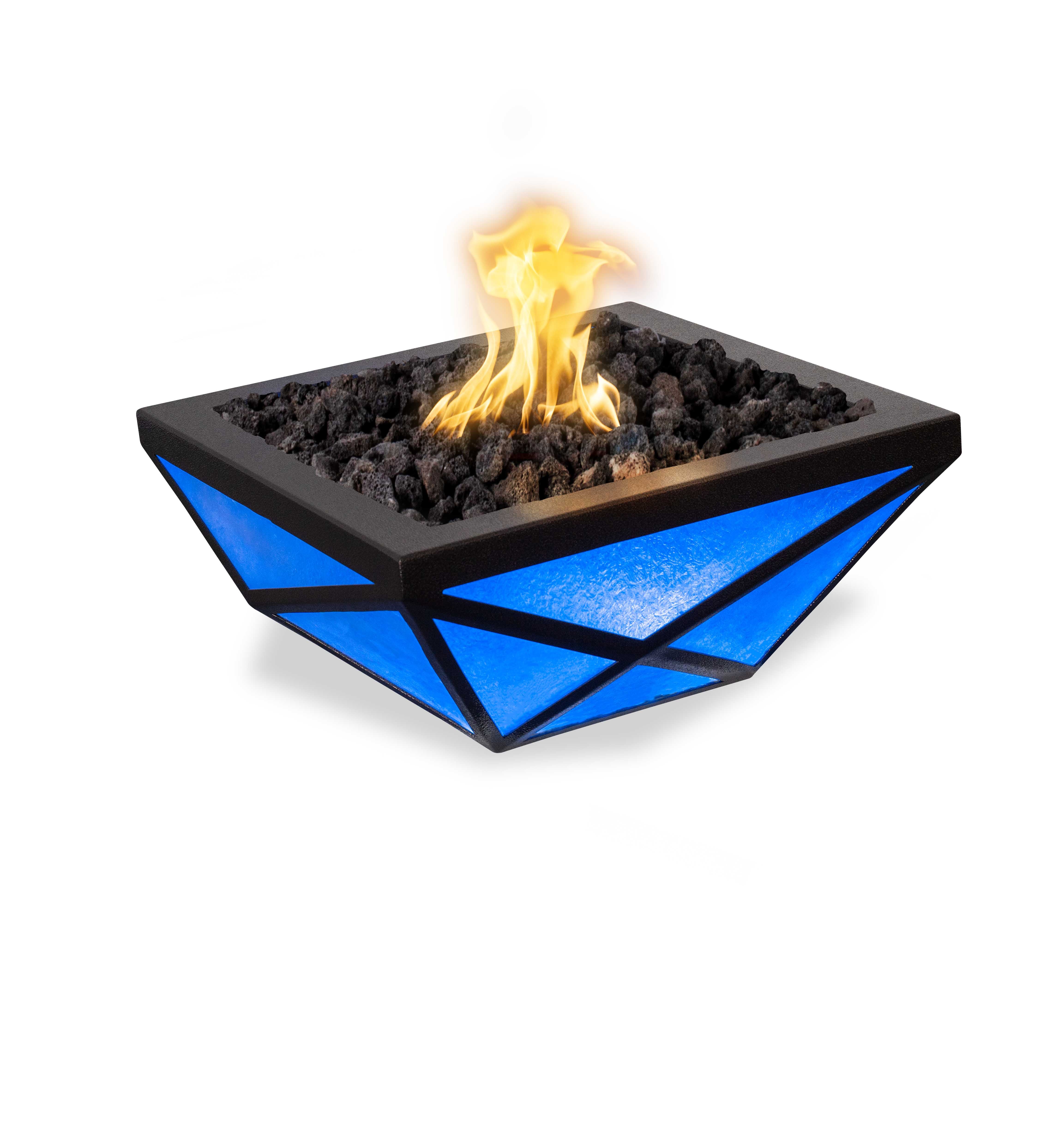 Modern fire pit with blue geometric design and flames on a white background