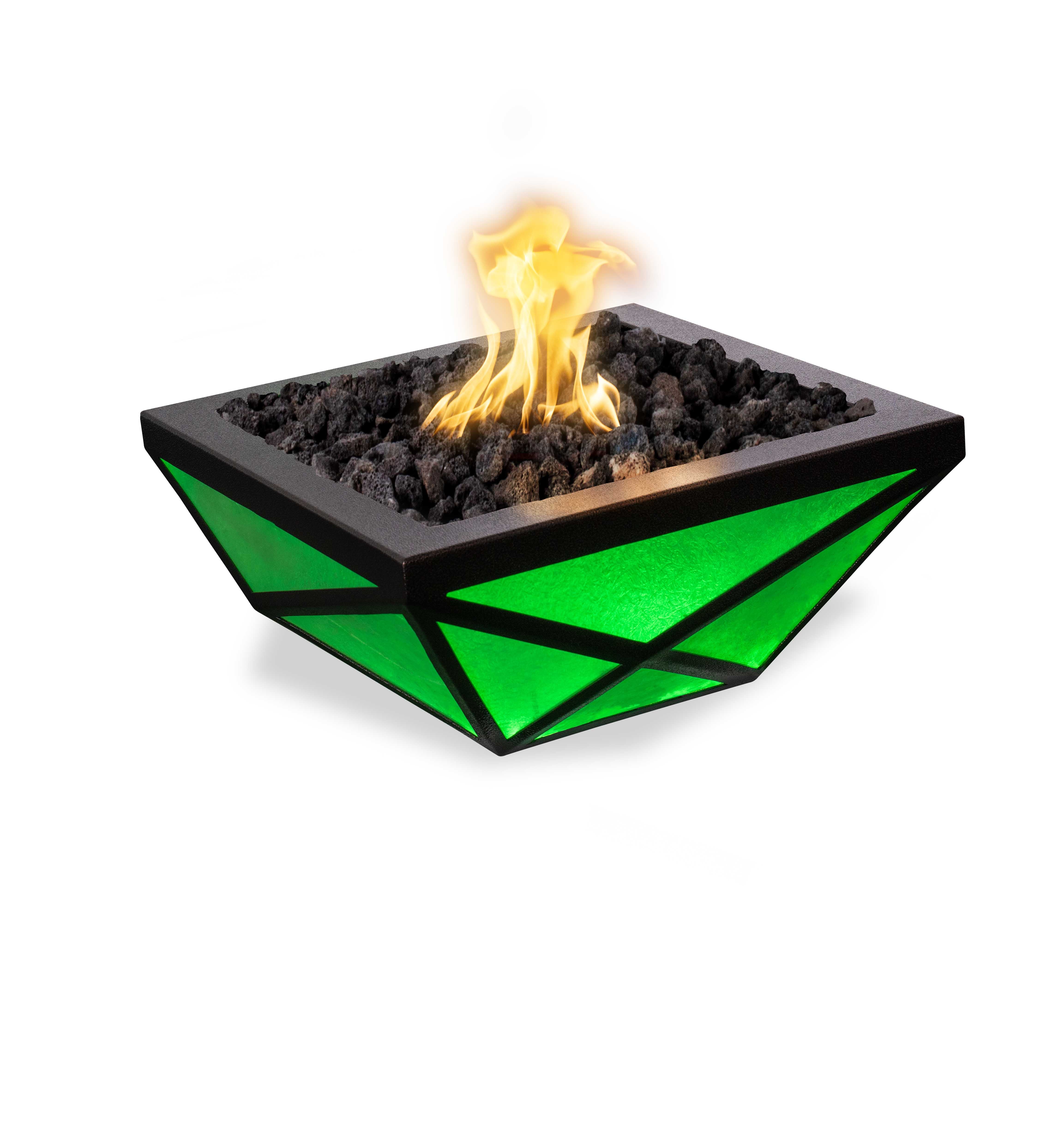 Modern fire pit with green glass and flames on a white background