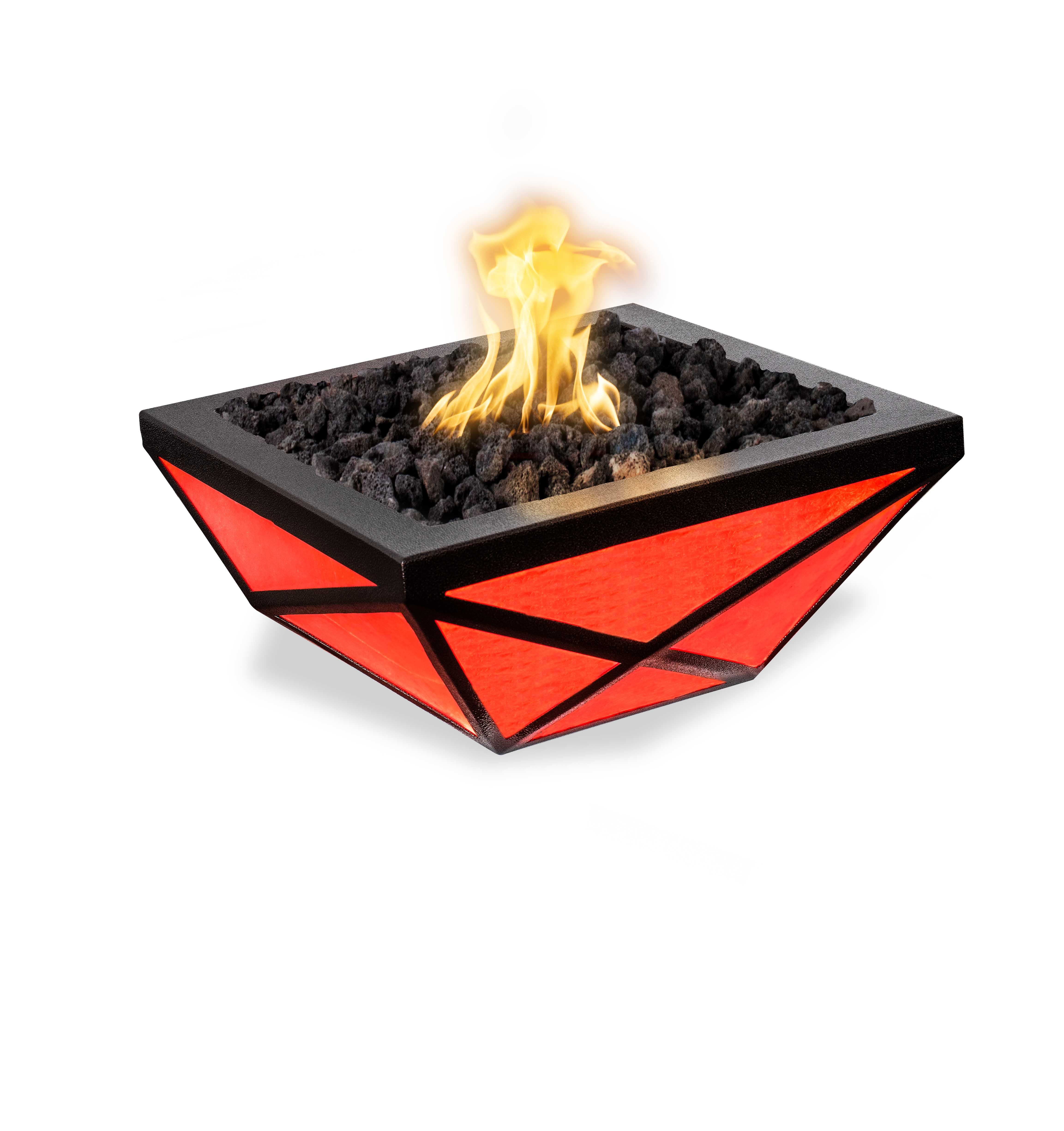 Geometric fire pit with flames on a white background