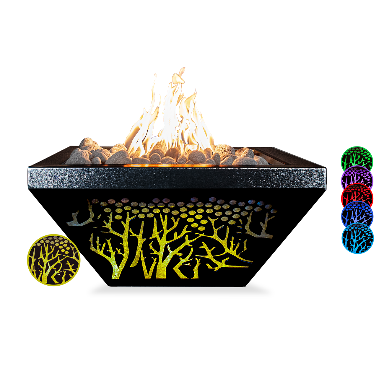 Black fire pit with flames and decorative elements on a white background