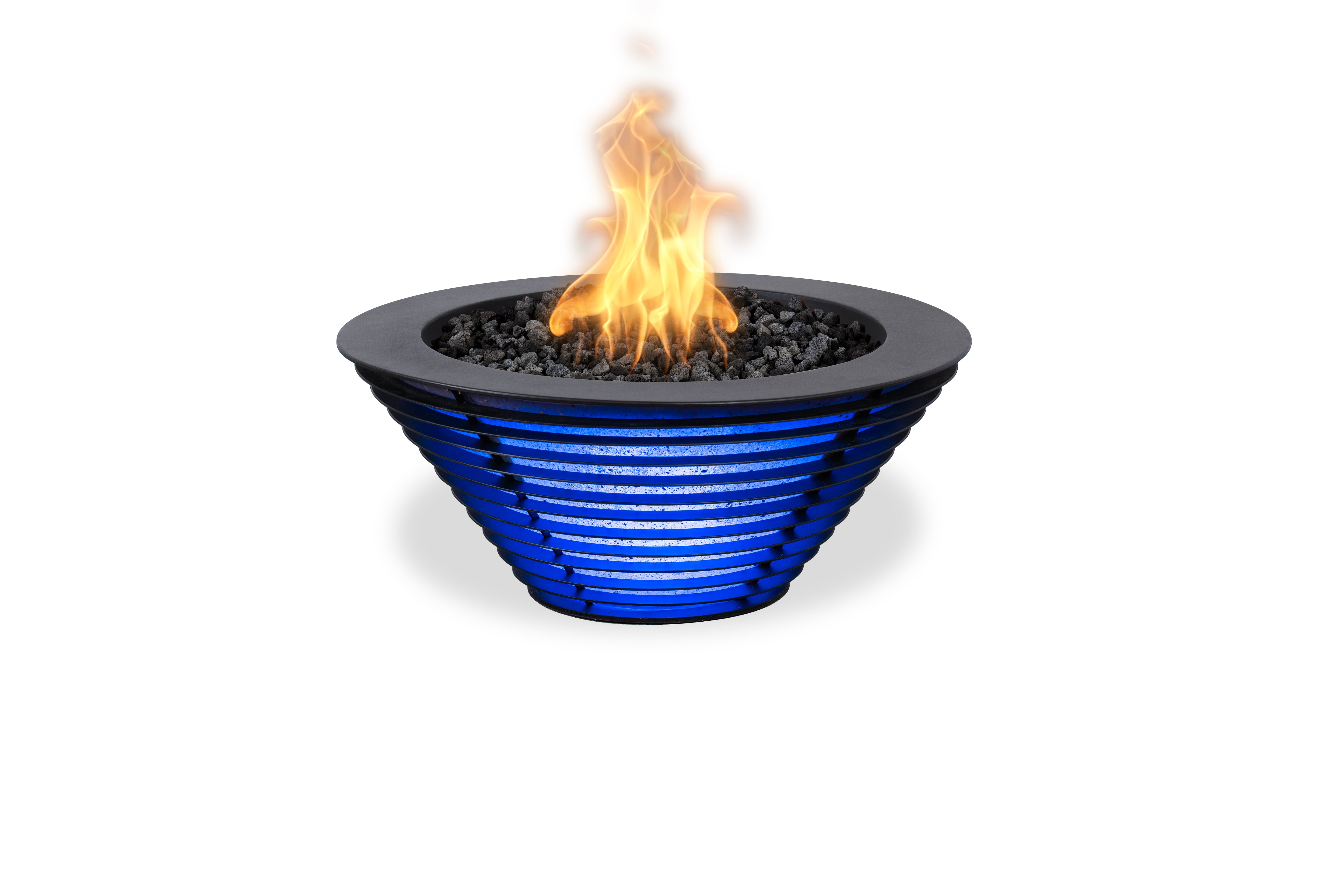 Fire pit with blue base and flames on a white background