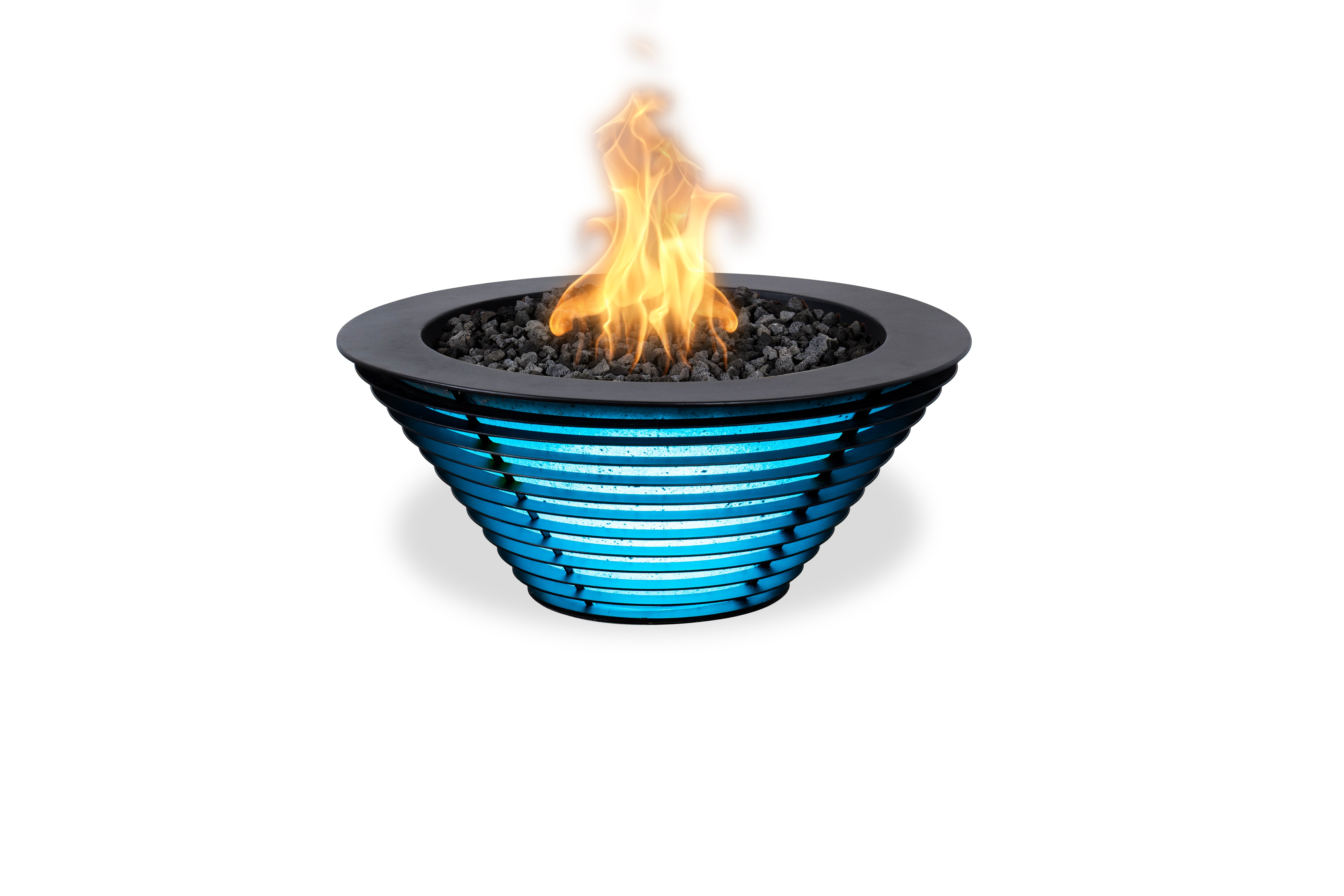 Fire pit with blue glowing base and flames on a white background