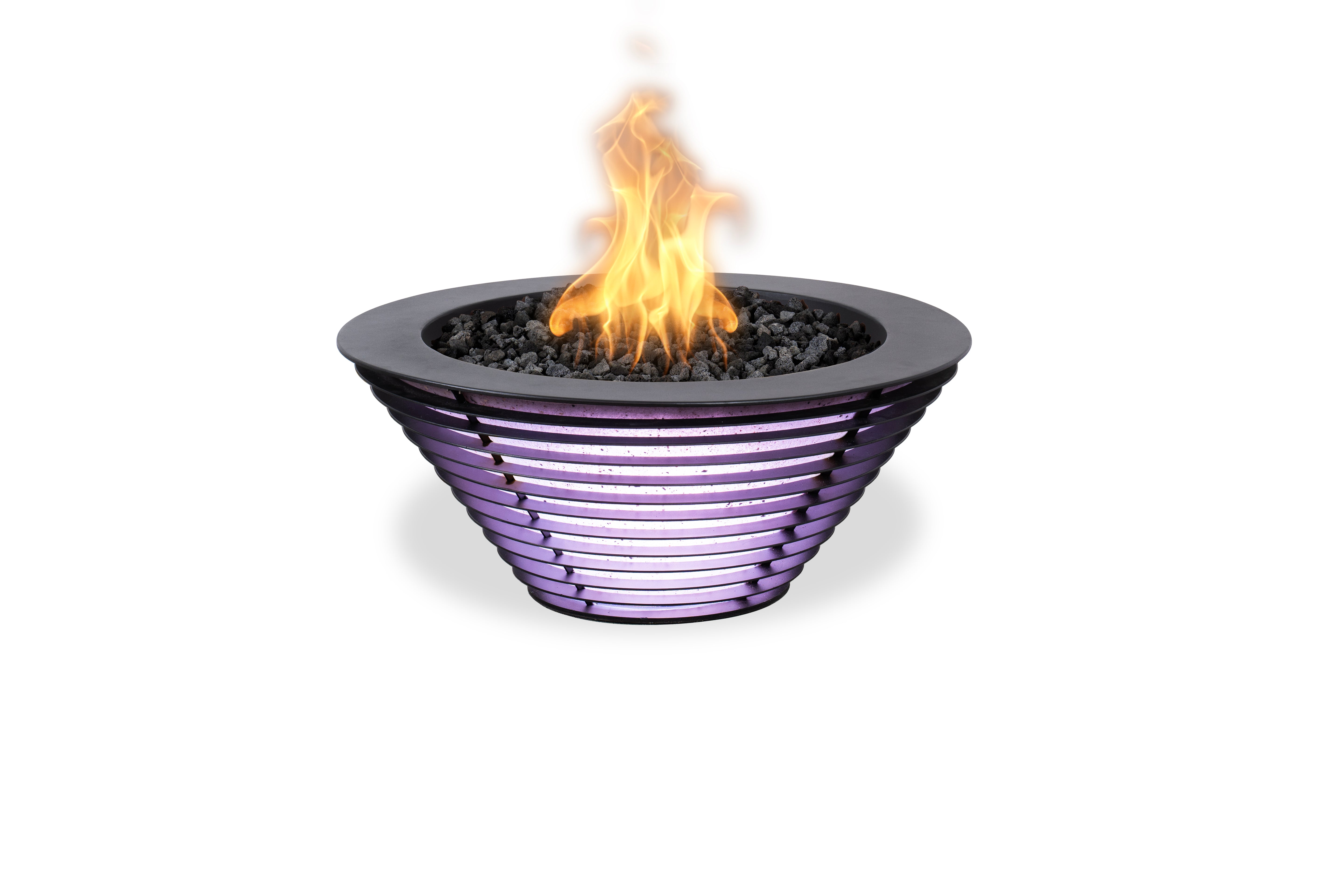 A modern outdoor fire pit bowl with a purple and black striped design, filled with black fire rocks and glowing orange flames, isolated on a white background.