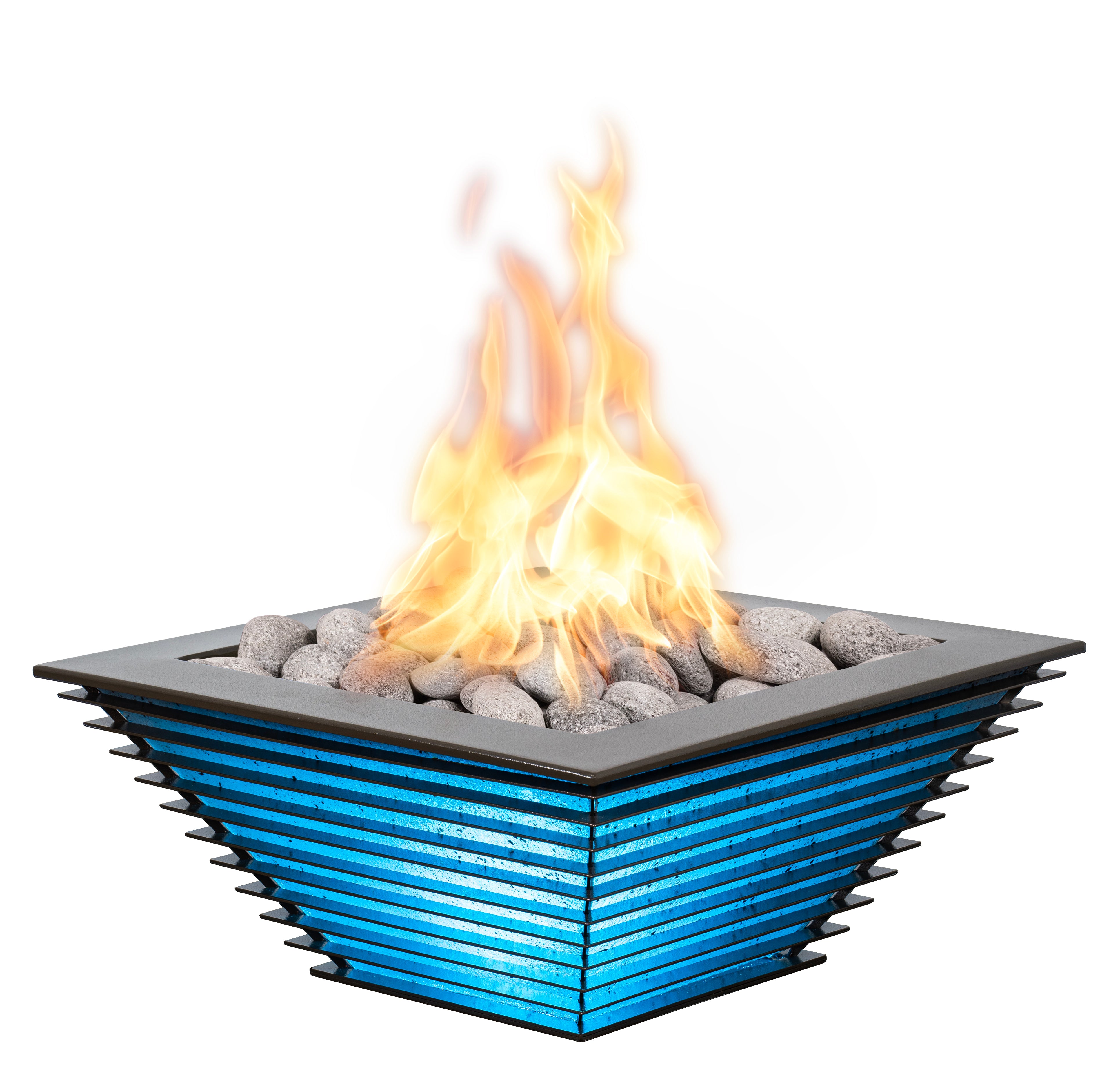 Square fire pit with blue base and gray top on a white background