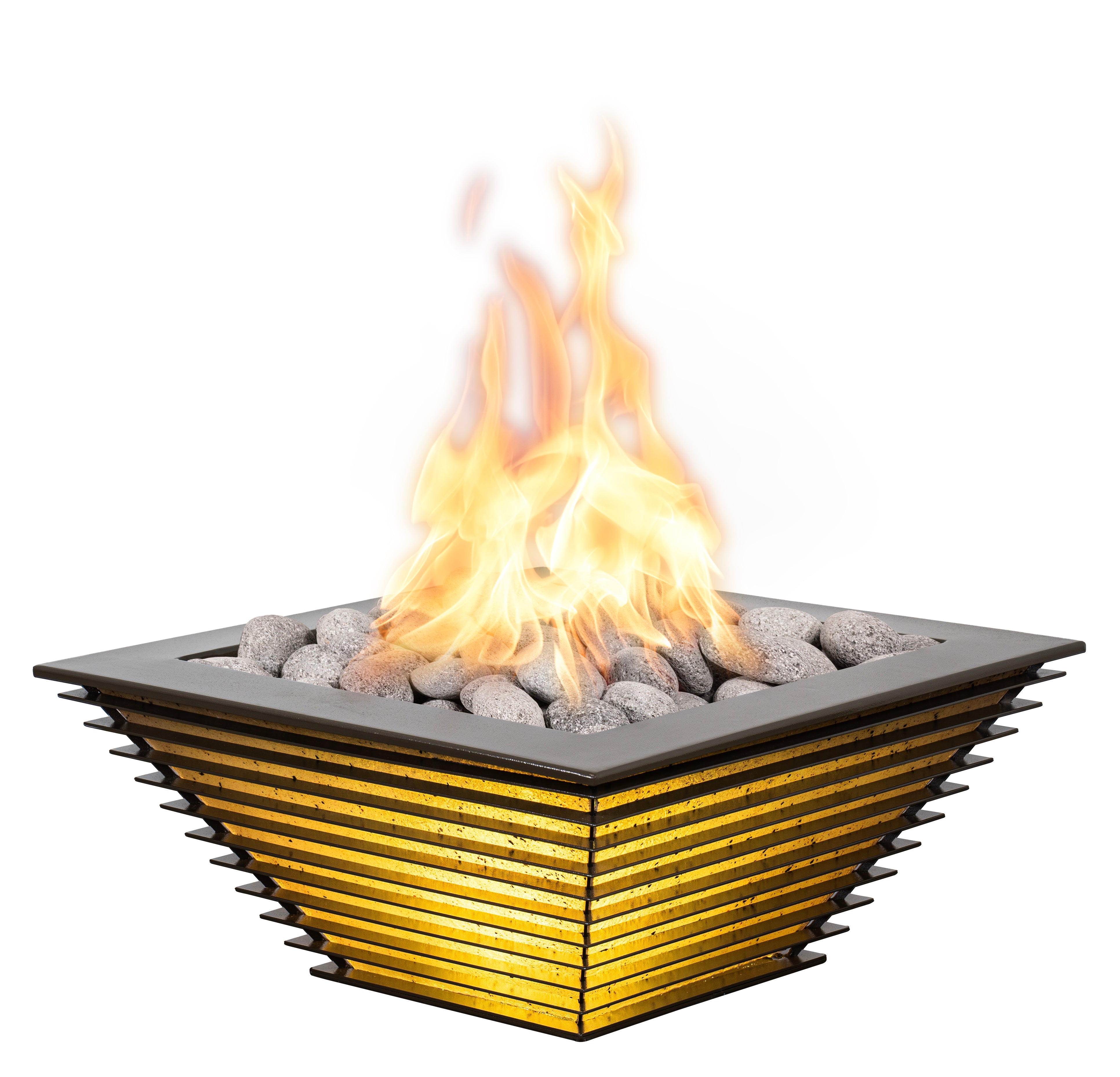 Square fire pit with flames on a white background