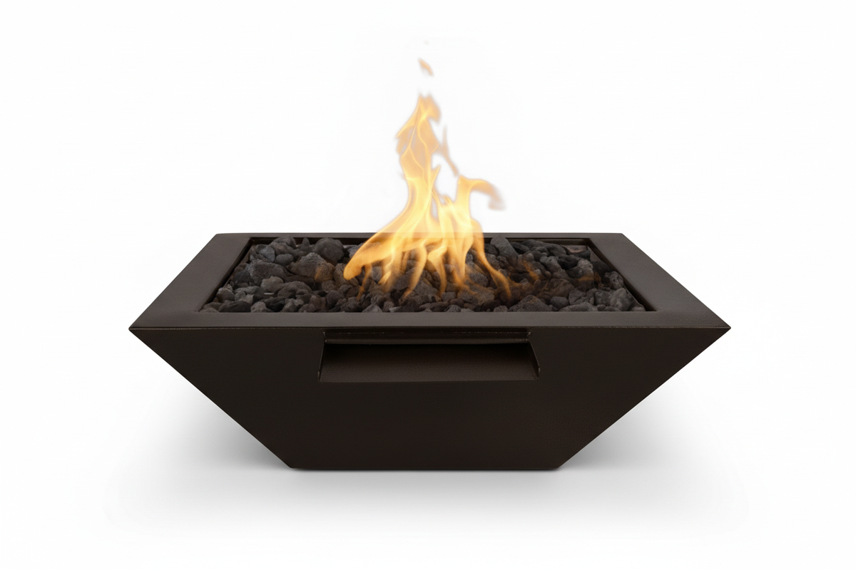 A modern square outdoor fire pit with a matte black metal frame, filled with dark river rocks and a bright orange-yellow flame, shown on a clean white background.