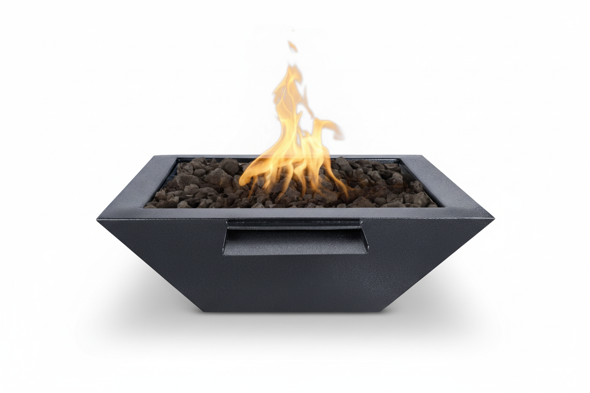 A modern  fire pit bowl filled with dark gravel and glowing orange-yellow flames, isolated on a white background.