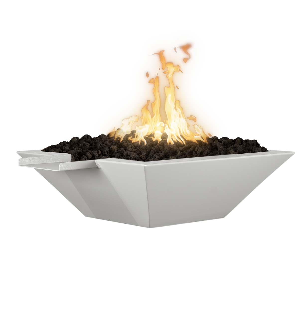 A modern pewter fire pit bowl filled with dark gravel and glowing orange-yellow flames, isolated on a white background.