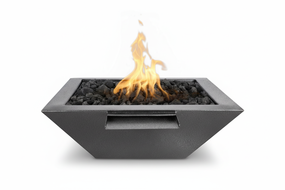 A modern  fire pit bowl filled with dark gravel and glowing orange-yellow flames, isolated on a white background.