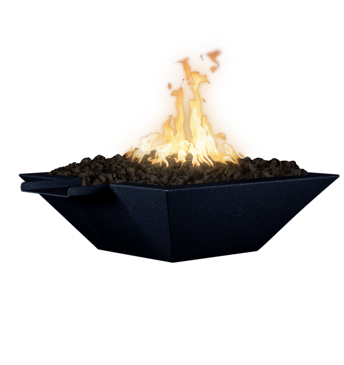 A modern sapphire blue metal fire pit bowl filled with dark gravel and glowing orange-yellow flames, isolated on a white background.