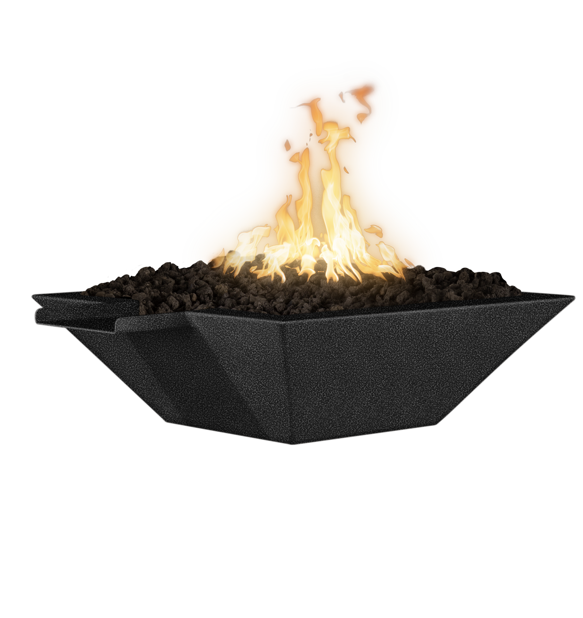 A modern silver vein metal fire pit bowl filled with dark gravel and glowing orange-yellow flames, isolated on a white background.