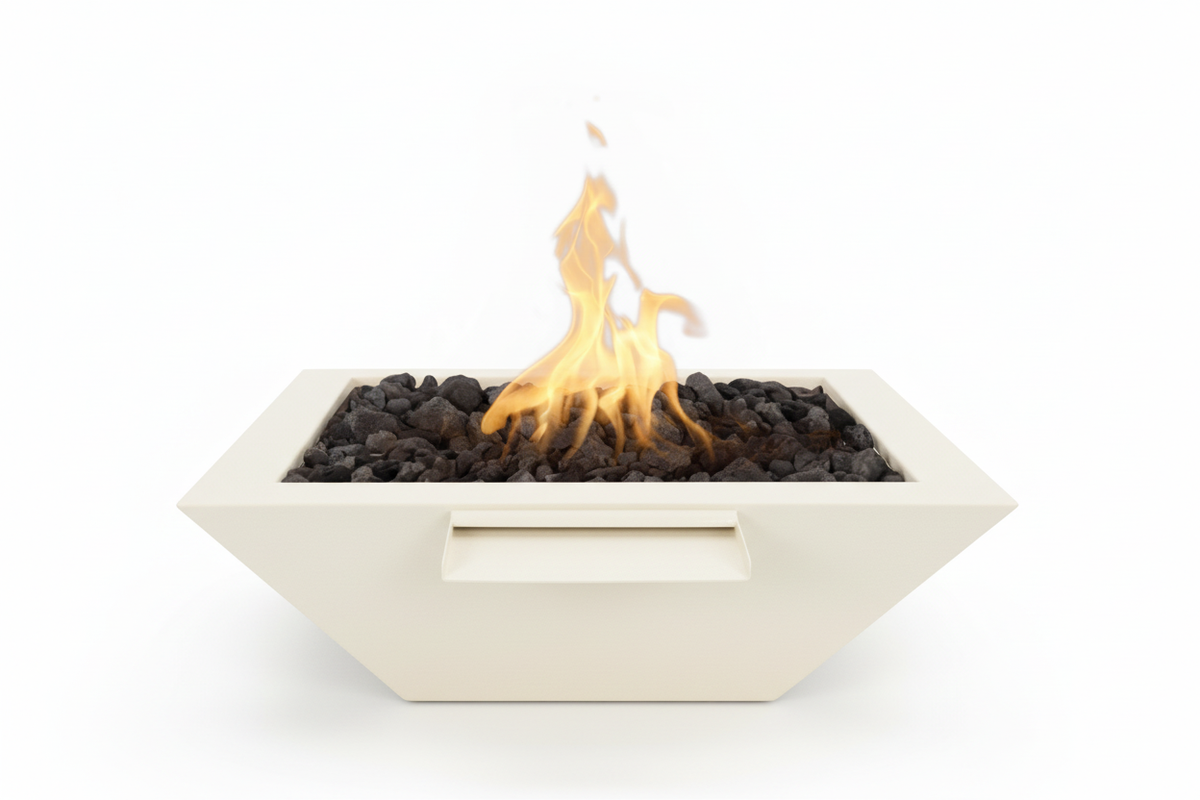 A modern white fire pit bowl filled with dark gravel and glowing orange-yellow flames, isolated on a white background.