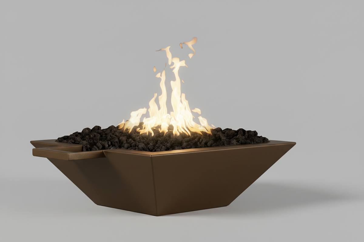 A modern trophy bronze  fire pit bowl filled with dark gravel and glowing orange-yellow flames, isolated on a white background.