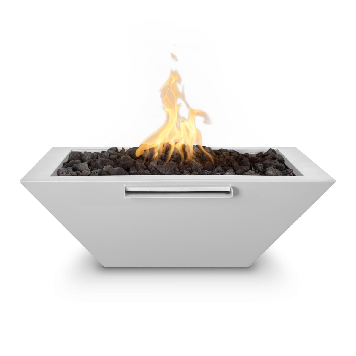 White fire pit with flames on a white background