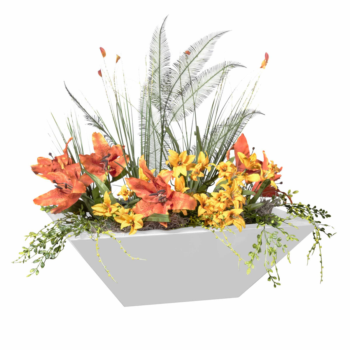 Artificial floral arrangement with orange and yellow flowers in a white container on a white background