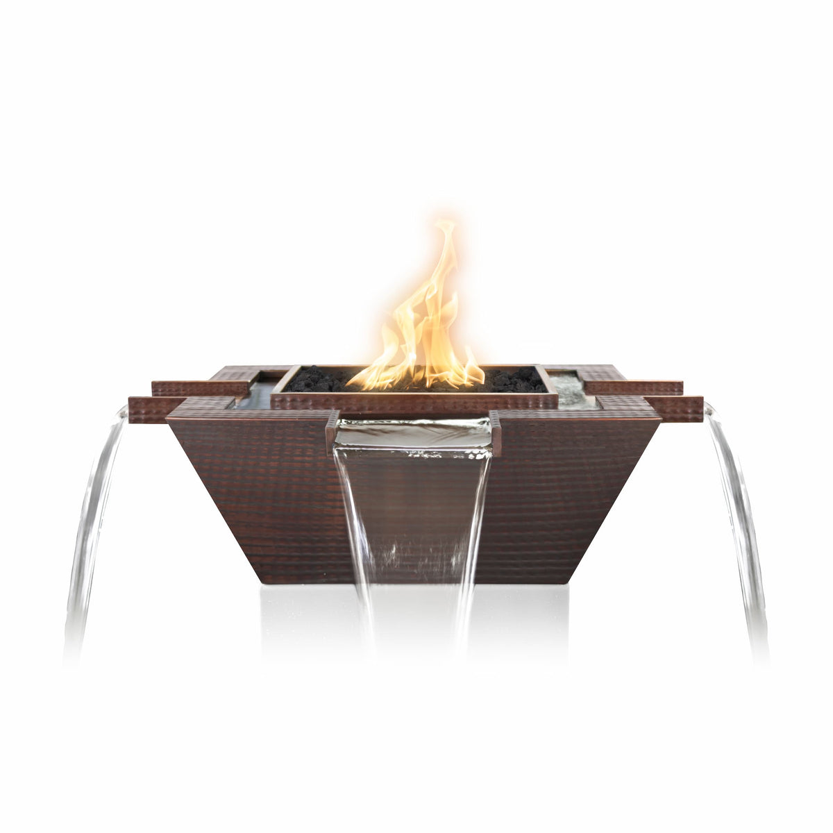 The Outdoor Plus Maya Square Hammered Copper Fire & Water Bowl – 4-Way Spill