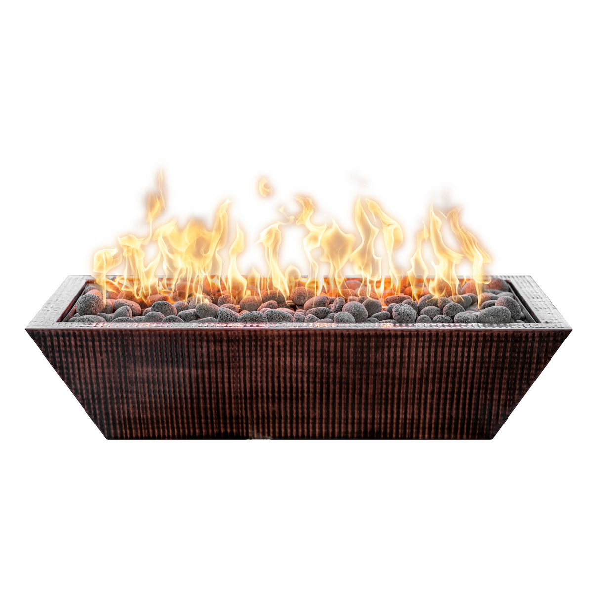 Rectangular fire pit with flames on a white background