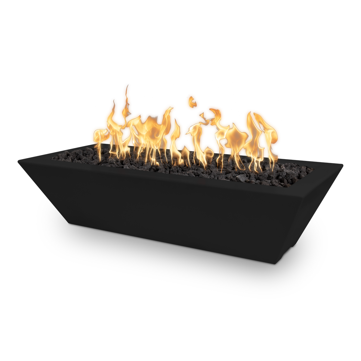 A modern rectangular black fire pit with glowing orange and yellow flames and dark river rocks, shown on a clean white background.