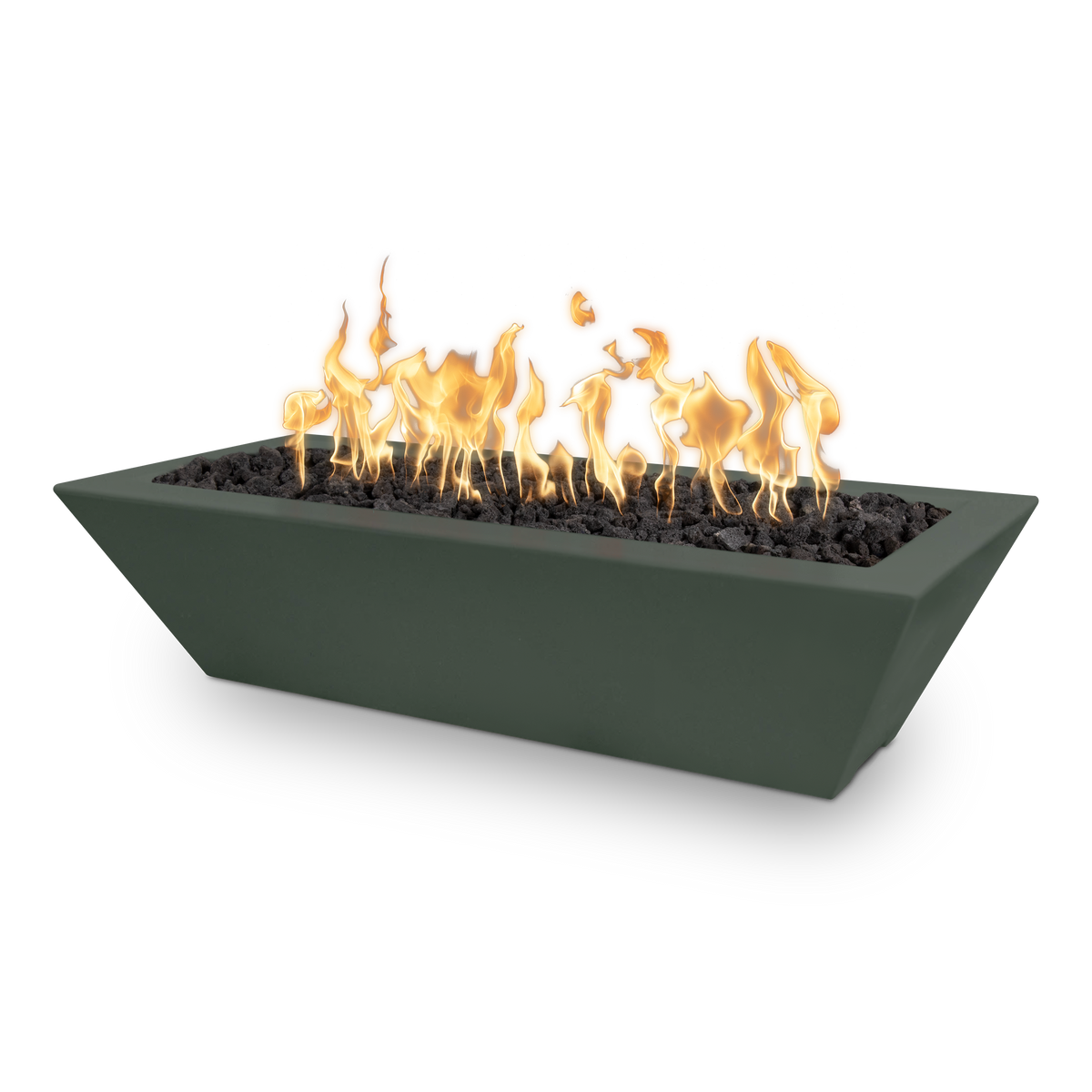 A rectangular outdoor fire pit in a dark green matte finish, filled with black river rocks and active orange and yellow flames, shown on a solid white background.