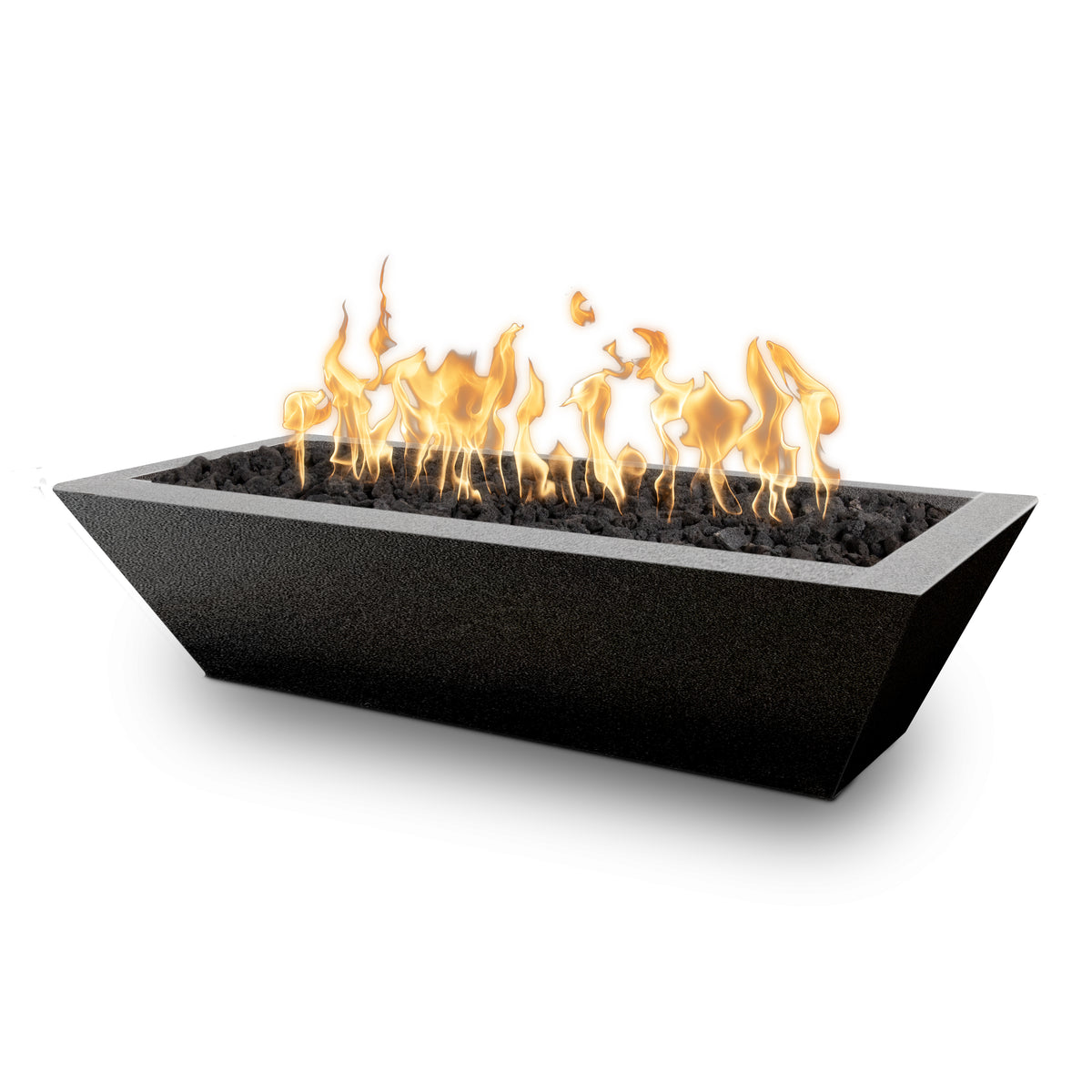 A modern rectangular fire pit with a dark textured finish, filled with black river rocks and glowing orange and yellow flames, shown on a solid white background.