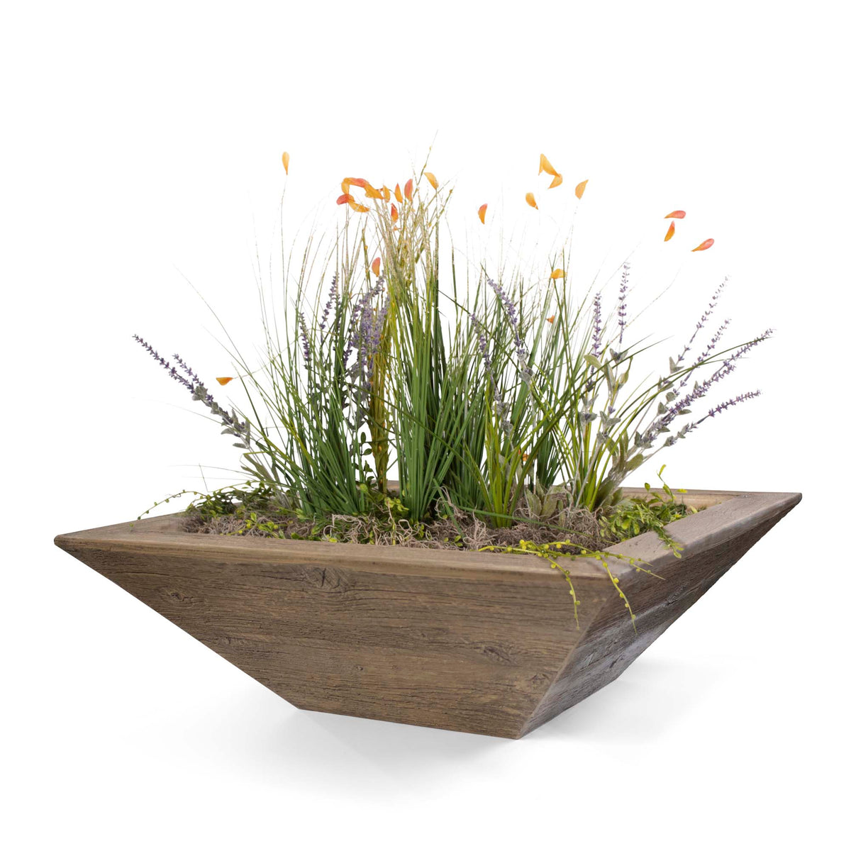 Wooden planter with greenery on a white background