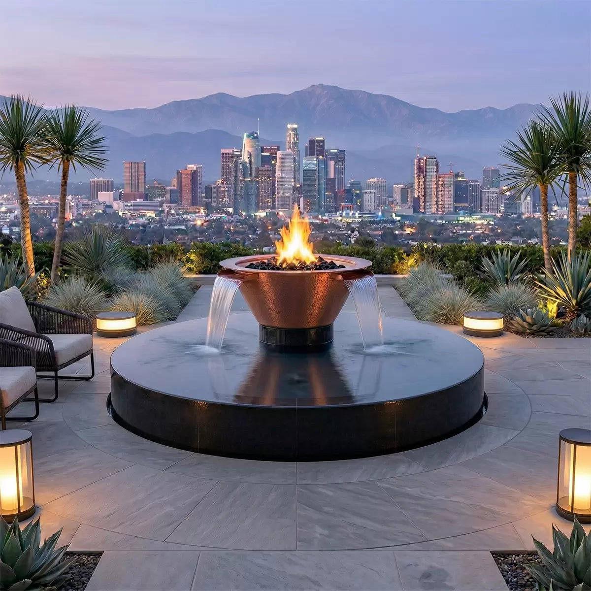 The Outdoor Plus – 60″ Round Olympian with Cazo – 4 Way Spill Fire & Water Fountain