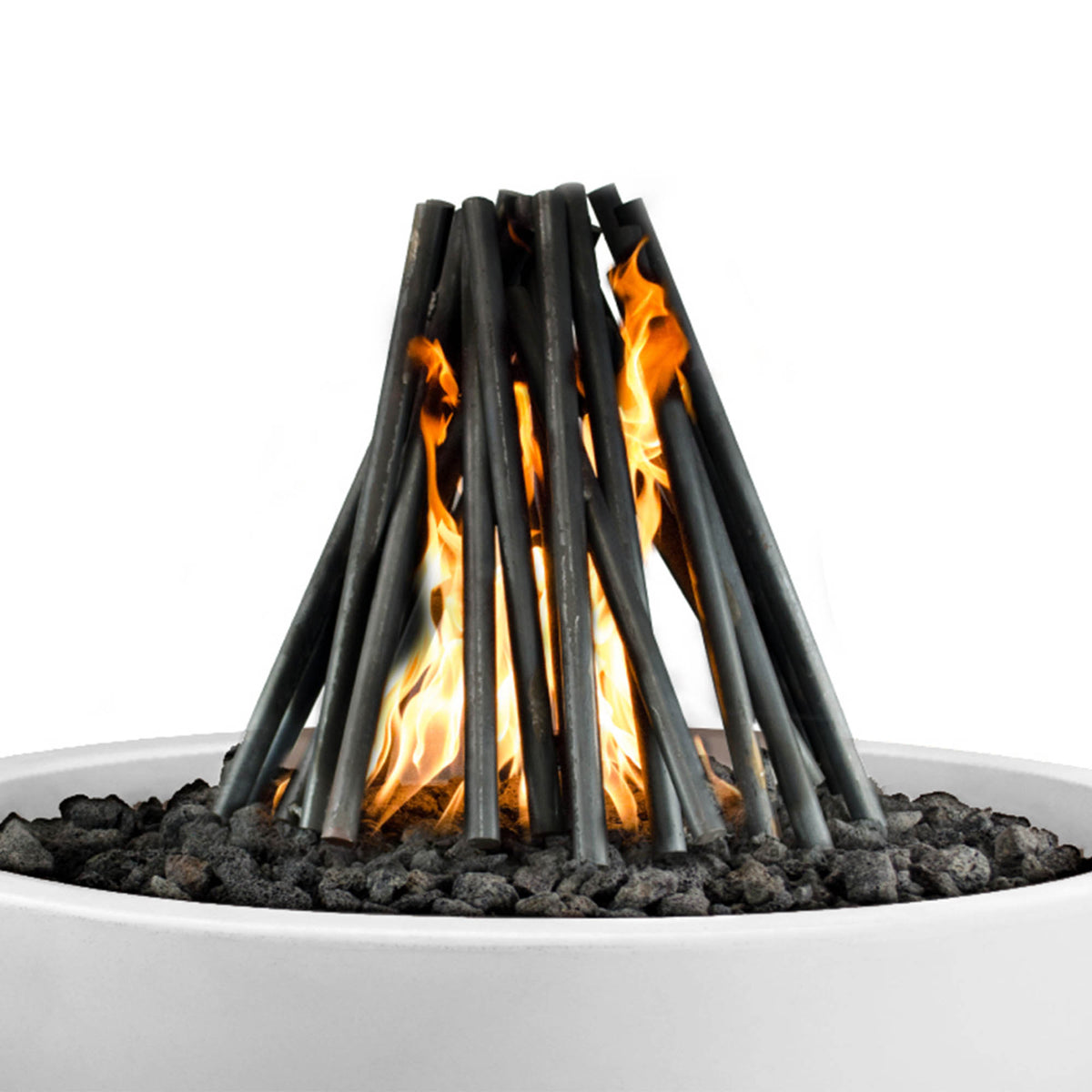 The Outdoor Plus Solid Steel Logs ornament shown with flames over lava rock in a round fire feature