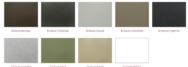 A color swatch grid showing multiple finish options labeled Endura Bronze, Endura Charcoal, Endura Cloud, Endura Concrete, Endura Graphite, Endura Crisp, Endura Satin, Endura Sand, and Endura White, arranged in two rows on a white background.
