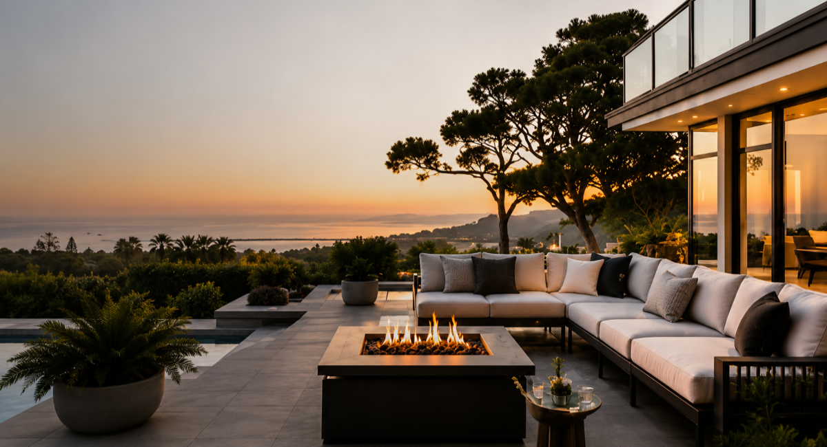 Modern outdoor patio furniture set on a luxury deck overlooking a sunset ocean view, featuring a sectional sofa, a square fire pit table, potted plants, and a contemporary house with large glass windows.